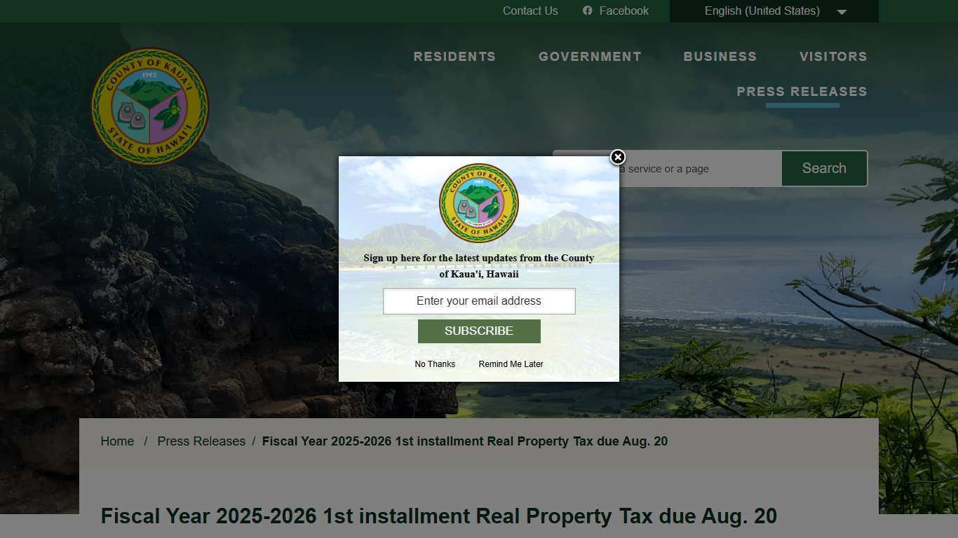 Fiscal Year 2025-2026 1st installment Real Property Tax due Aug. 20 - Kauai County, HI