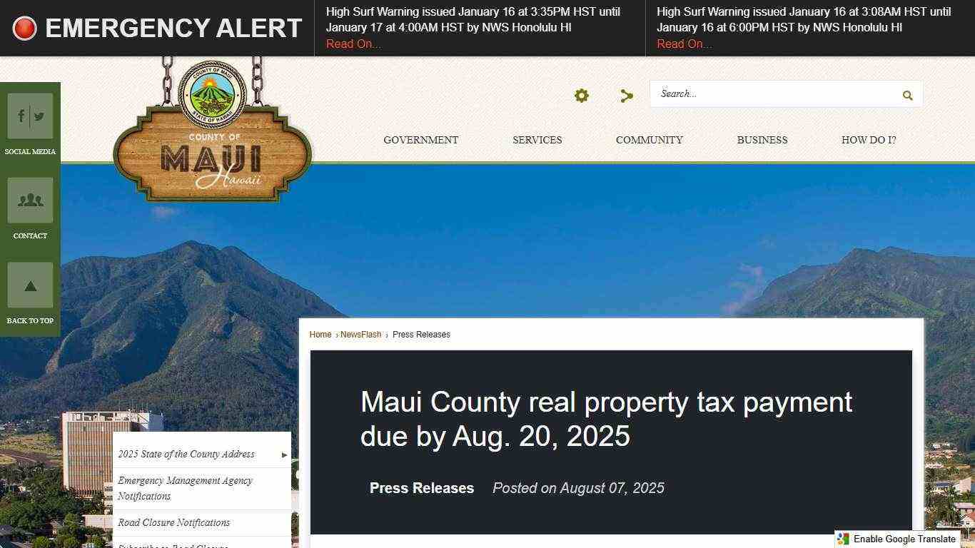 Maui County real property tax payment due by Aug. 20, 2025 • Maui County